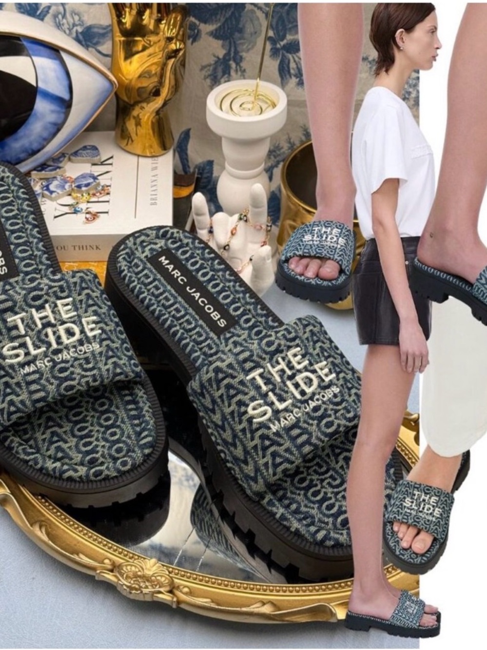 Marc Jacobs Blue Denim-Patterned Logo Platform Slides